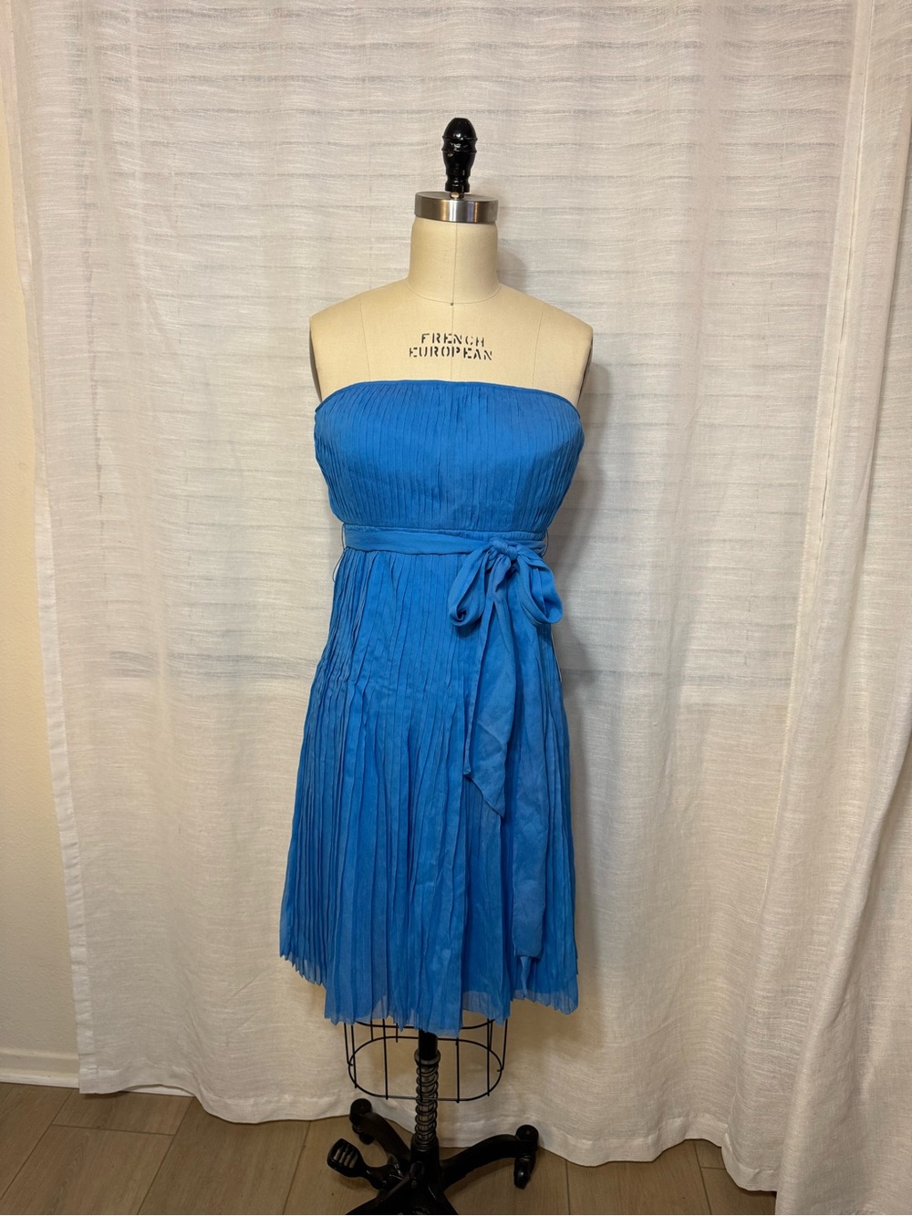 J. Crew Strapless Cerulean Blue Pleated Tie-Waist Dress